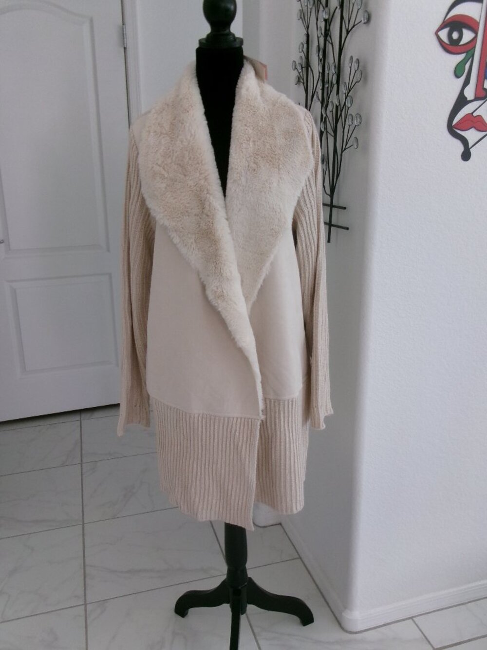 New Philosophy Faux Fur Collar Knee Length Cardigan Sweater XL Cream Ivory